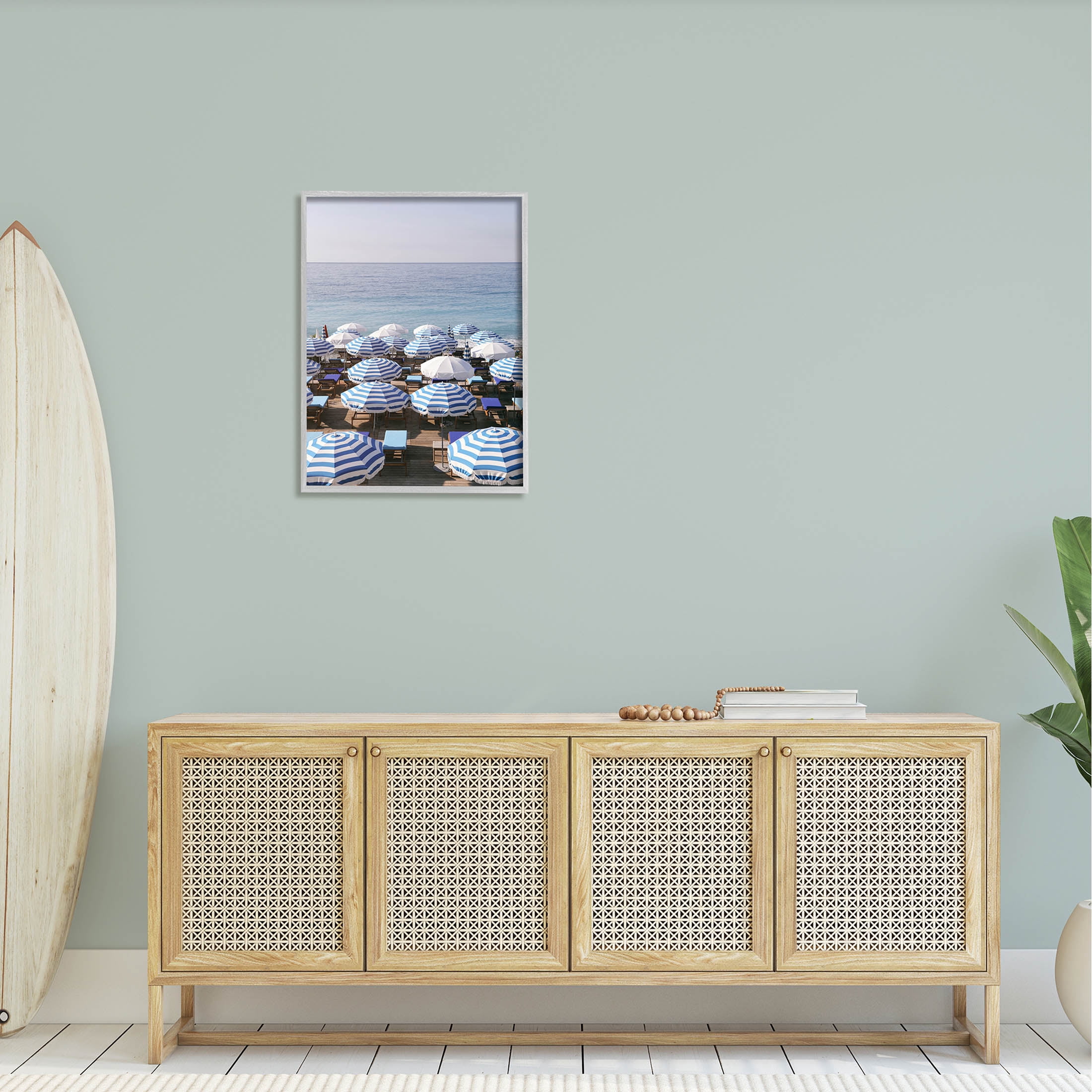 Beach Umbrellas Clear Summer Sky Coastal Photograph Gray Framed Art Print Wall Art