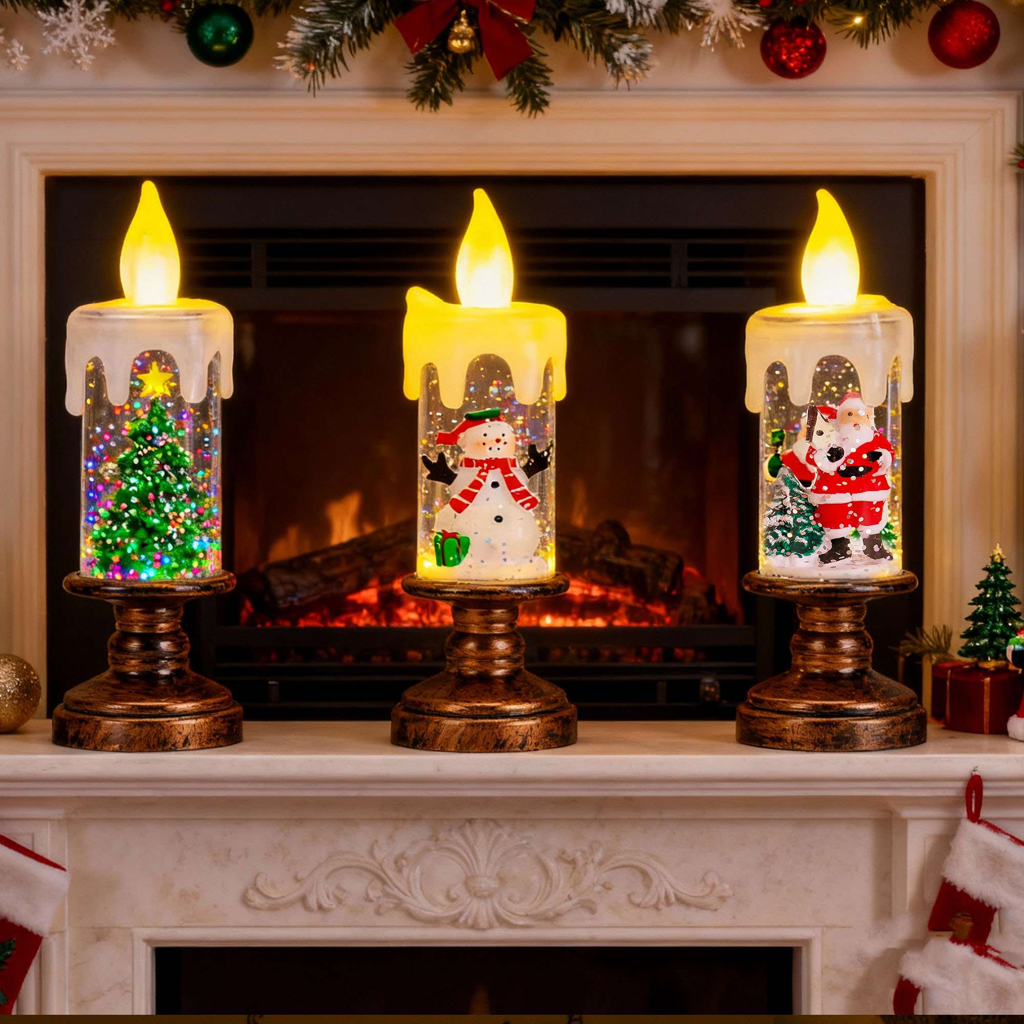 Deago Christmas Flameless LED Candles Set of 3 with Santa Claus, Snowman, Xmas Tree - Battery Operated Christmas Themed Festival Gift Decorations