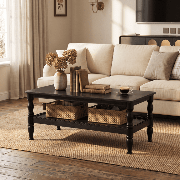 iooHug HomeHaven Turned Leg Two Tier Coffee Table, Wave Edge Storage Shelf Wooden Center Table for Living Room,Antique Black