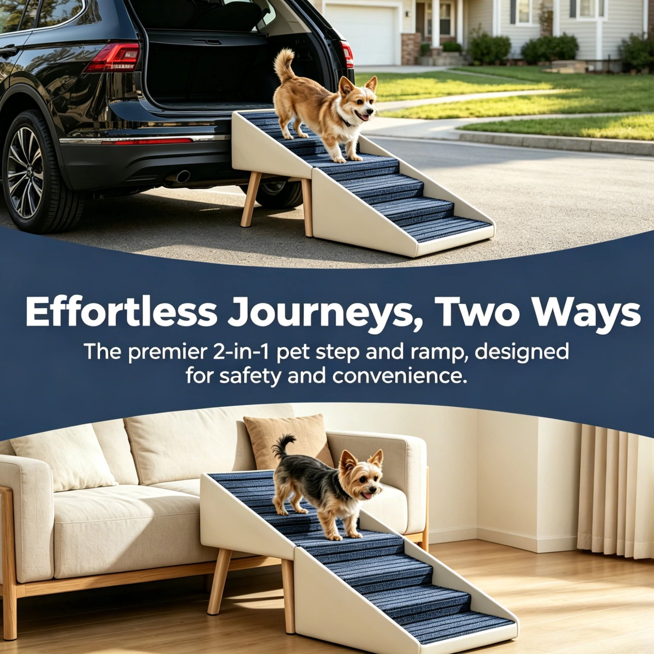 2 in 1 Dog Stairs for Bed and Couch 25.2" Foldable Dog ramp for Couch 6 Pet Steps & Ottoman for Small and Large Dogs, Beige