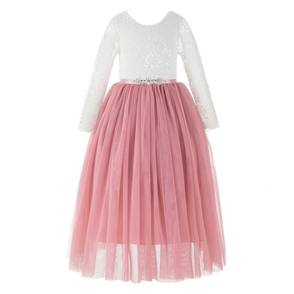 Ekidsbridal Girl Pageant Flower Girl Dress - Long Sleeves A-Line Lace V-Back Tulle 290R4-A (Size: M-10)