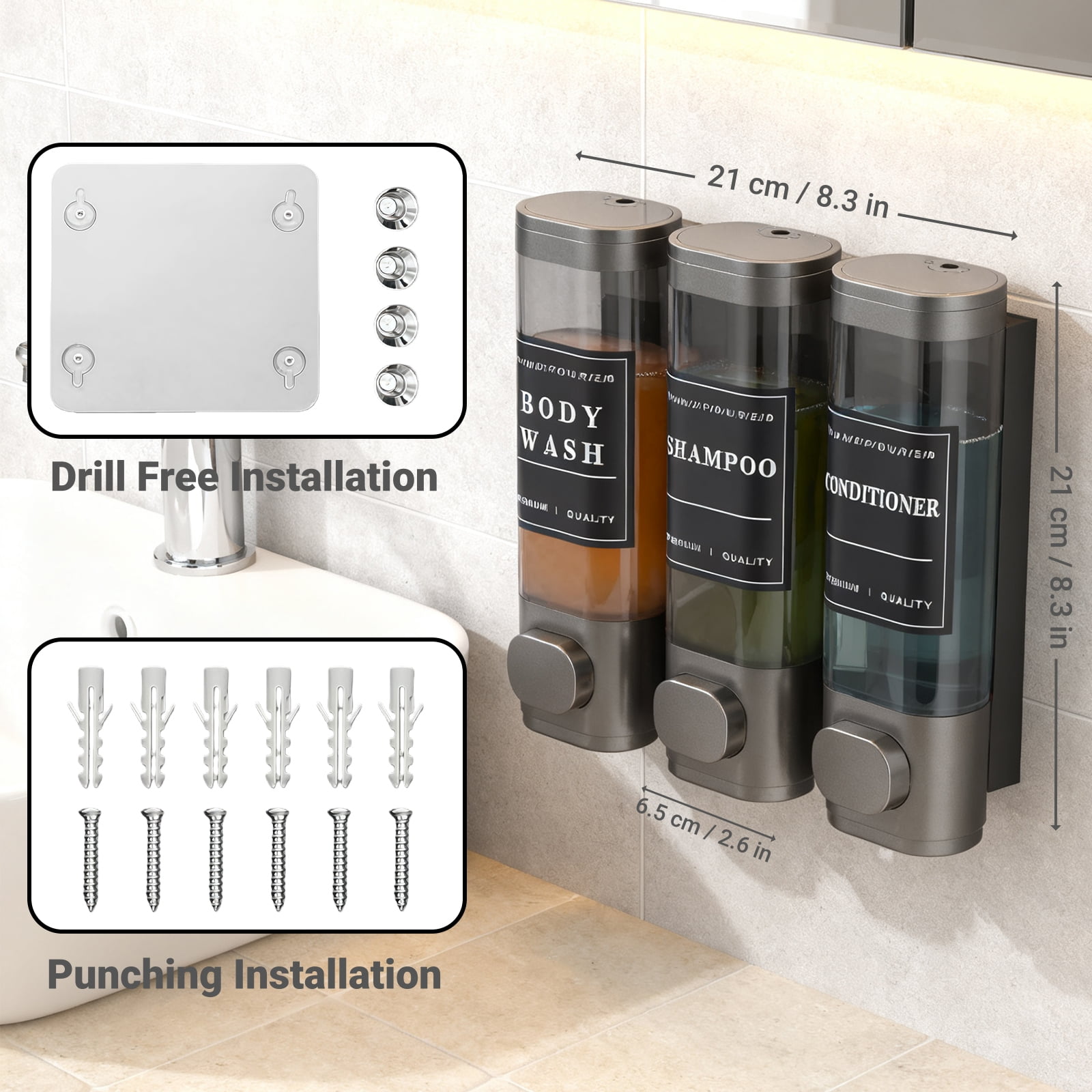 No Drill Wall Mounted Soap Dispenser with Labels
