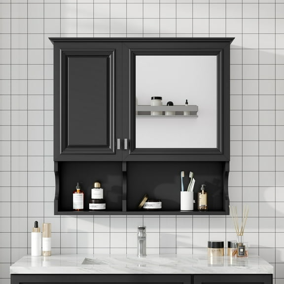 LiviNest 30 Inch Wall Mount Mirror Cabinet: 2-in-1 Bathroom Storage & Mirror - Hidden Compartment & Open Shelf for Small Space - Modern Black Medicine Cabinet over Toilet