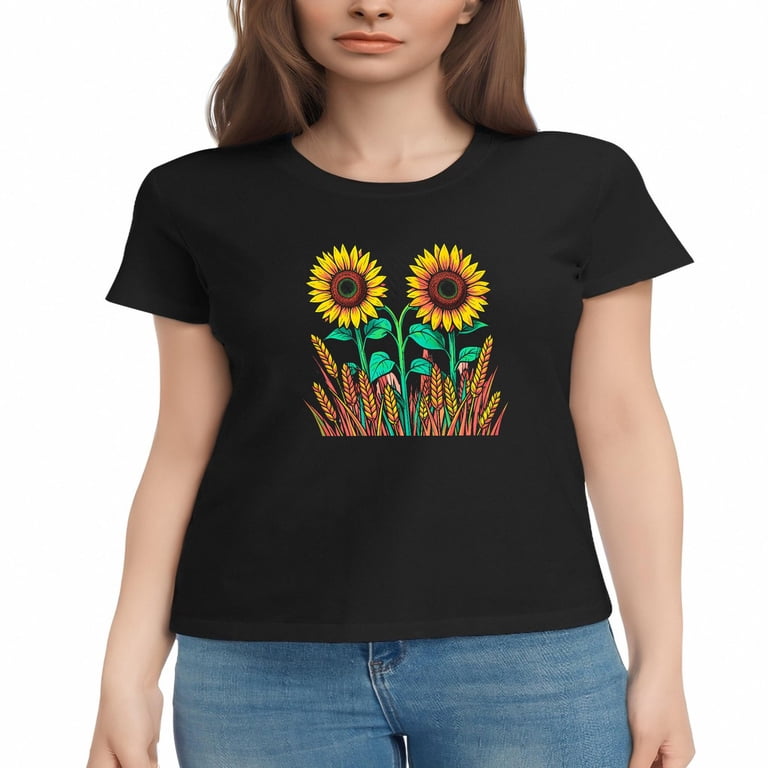 LNFAUEAPRINT Sunflower Sticker Art - Vibrant Summer Graphic Tee, Black ...