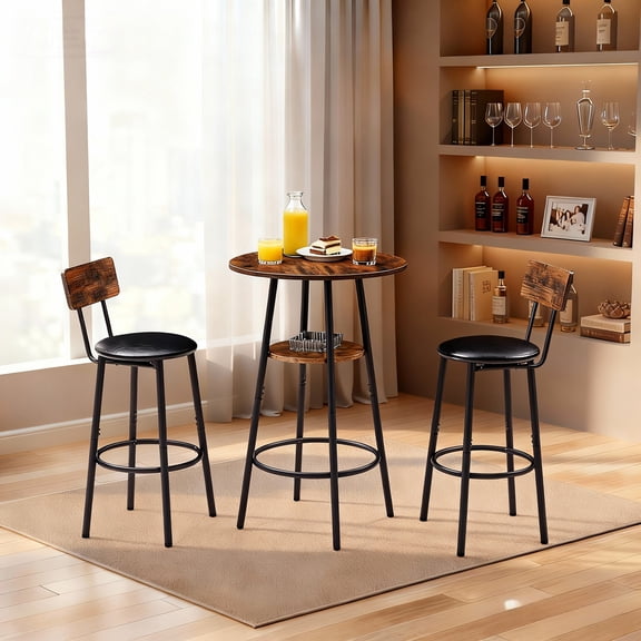 Noble House 3-Piece Round Bar Table and Chairs Set, Small Dining Set with Open Storage and PU Stools, Rustic Brown