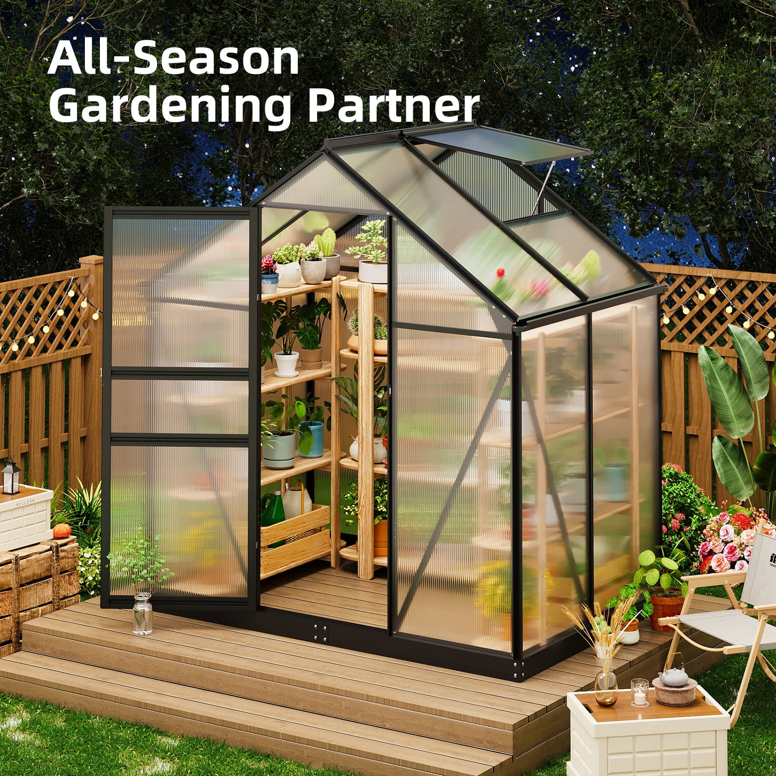 Fairy 6x4 FT Walk-in Greenhouse, Aluminum Frame Outdoor Green House with Polycarbonate Panels & Roof Vent for Backyard Gardening