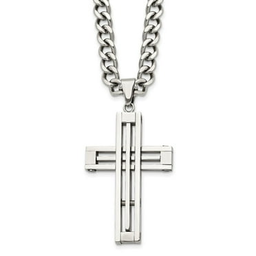 Auriga Fine Jewelry Stainless Steel Polished Cross Pendant on a Curb Chain Necklace for Men 22"