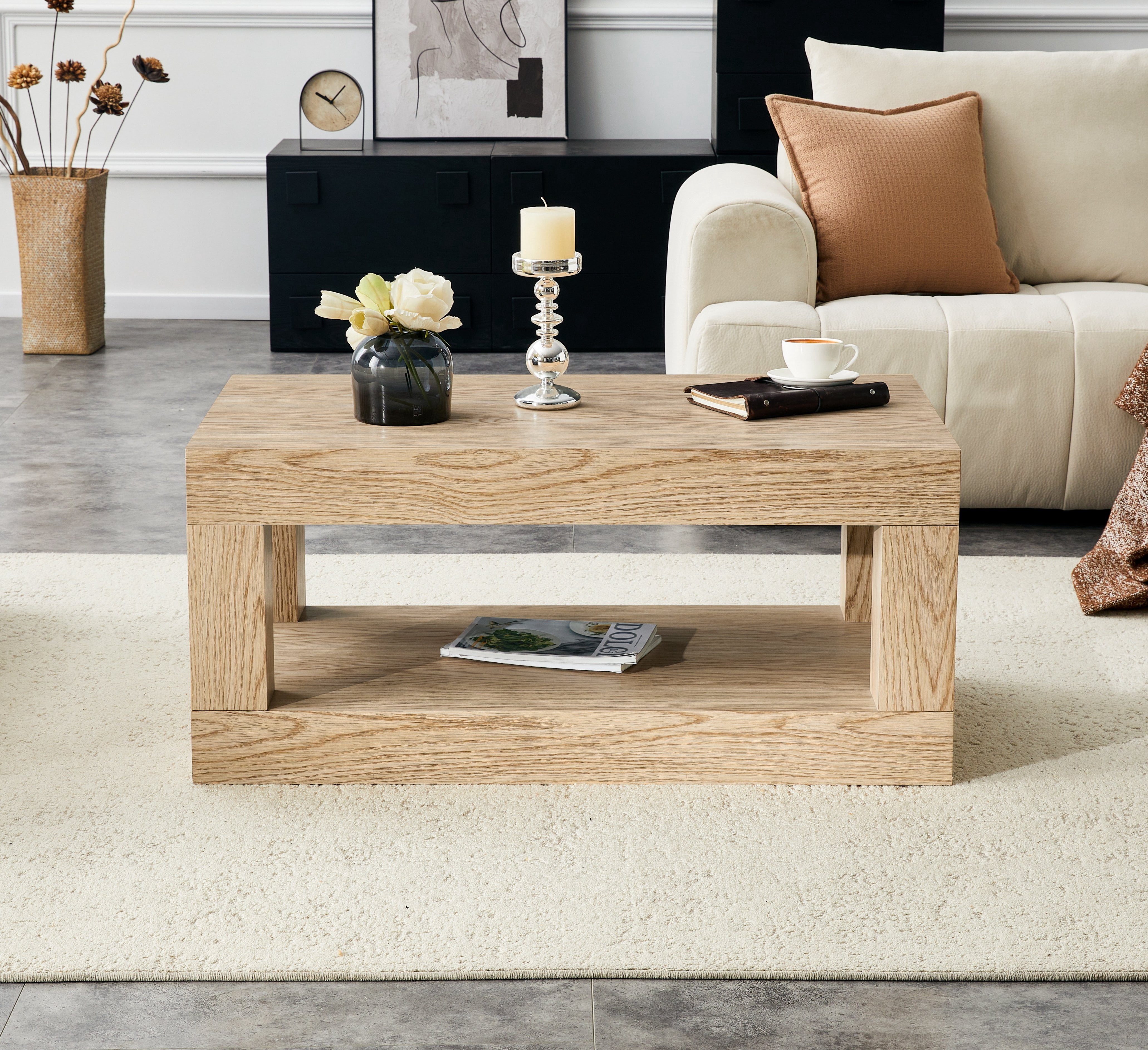 FFZ Modern 2-Tier Coffee Table with Open Storage Shelf, MDF, Wood