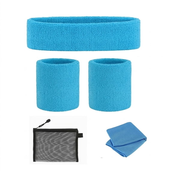 Suddora Sweatband Set - (1 Headband and 2 Wristbands) High Quality Cotton for Sports & More (Neon Blue)