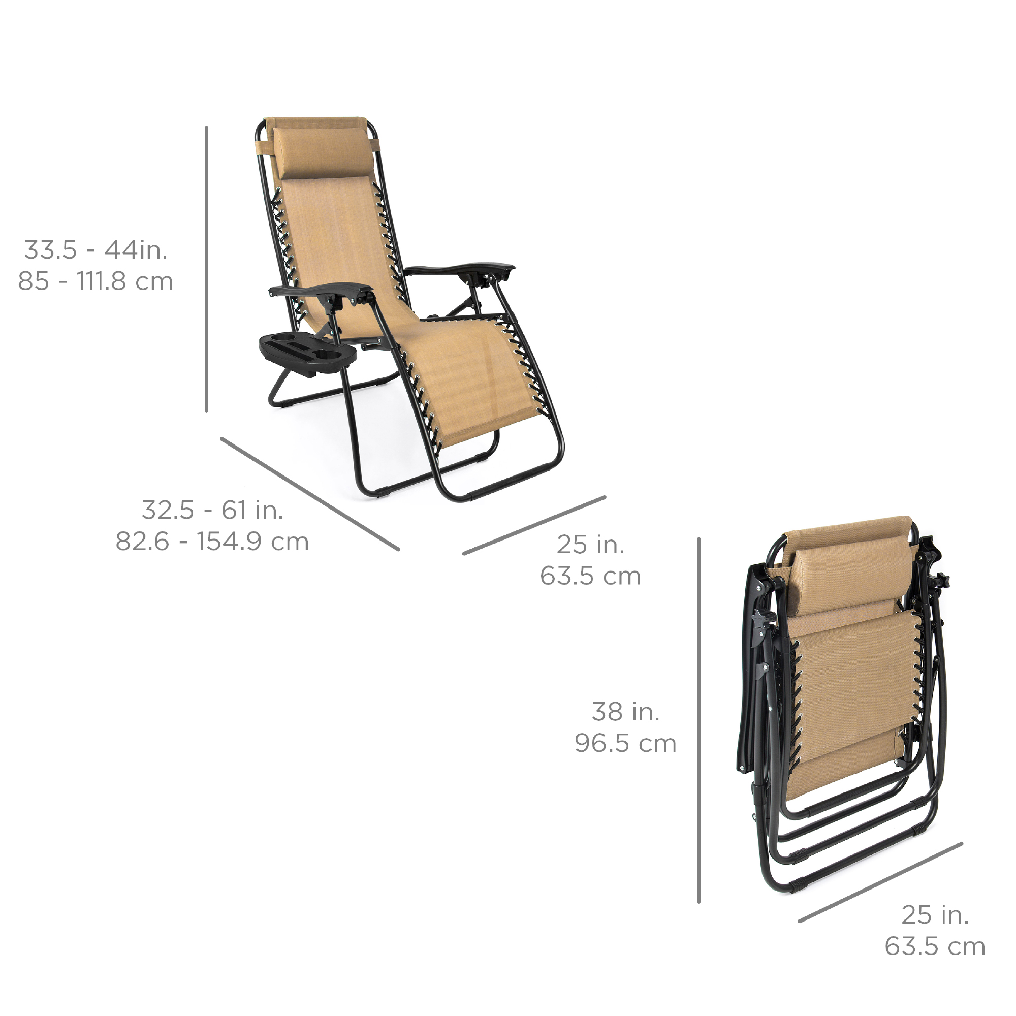 Best Choice Products Set of 2 Zero Gravity Lounge Chair Recliners for Patio, Pool w/ Cup Holder Tray - Beige - image 8 of 9