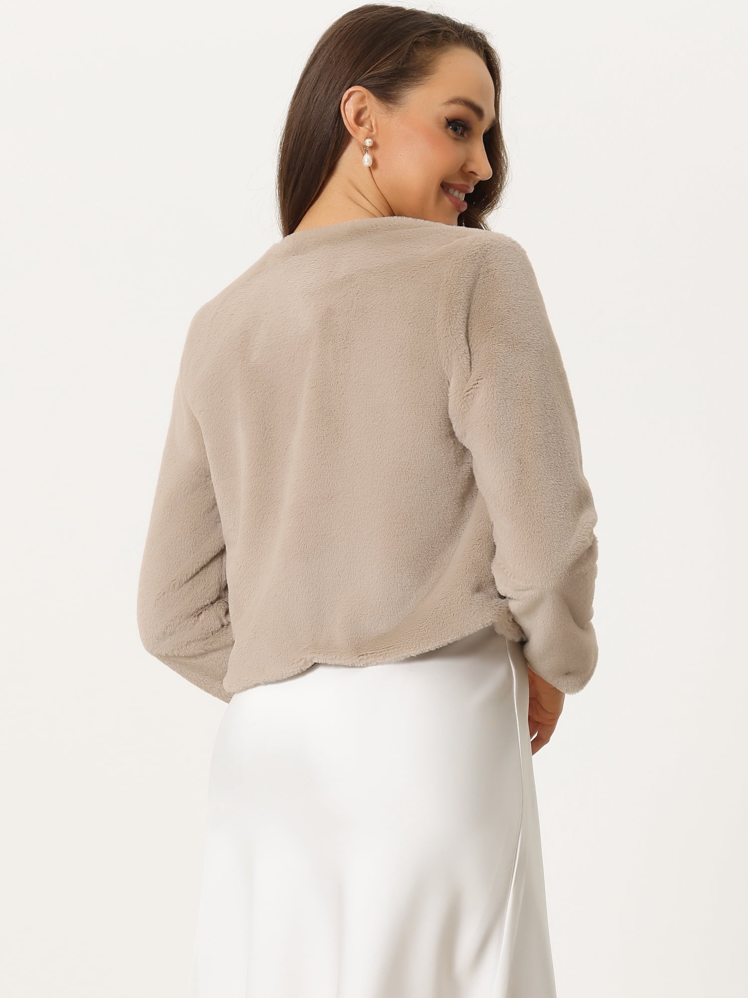 DARING DIVA Women's Faux Fur Cropped Open Front Jacket Bolero Coat XS Khaki