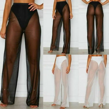 Sexy Women Summer Beach Mesh Sheer See Through Wide Leg High Waist Casual Pants Bikini Cover Up Flared