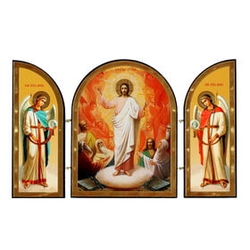 Resurrection of Christ With Archangels Michael and Gabriel Triptych Wooden Gold Foil 4 3/4" Tall x 7 3/4" Width
