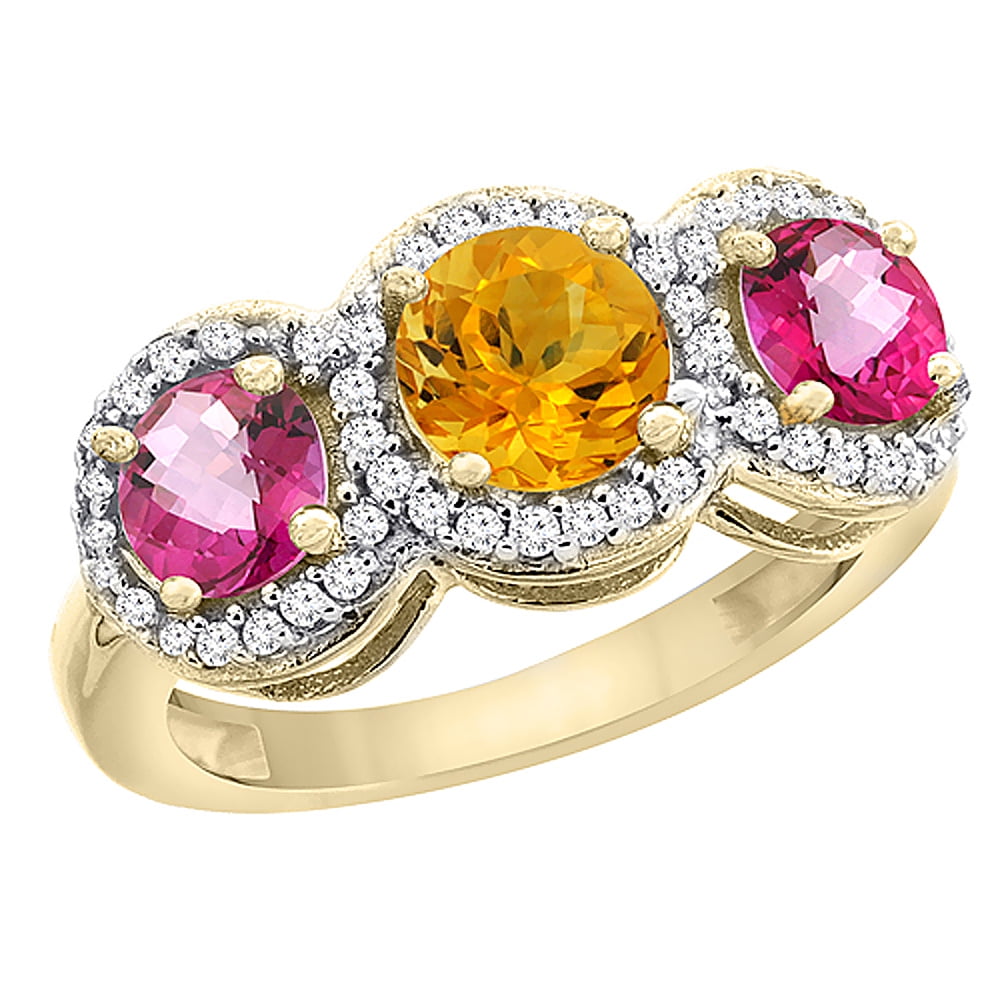 14K Yellow Gold Natural Citrine & Pink Topaz Sides Round 3-stone Ring Diamond Accents, size 5.5 by Gabriella Gold