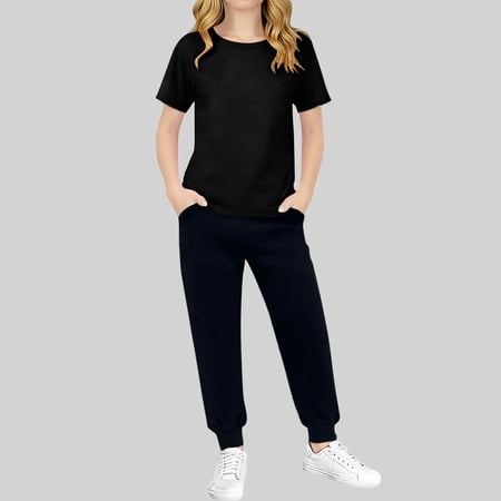 PInxai Girls Boys Clothes Casual Workout Sets Crew Neck Short Sleeve Basic Tee Elastic Waisted Pants Running Outfits Black1 4-5 Years