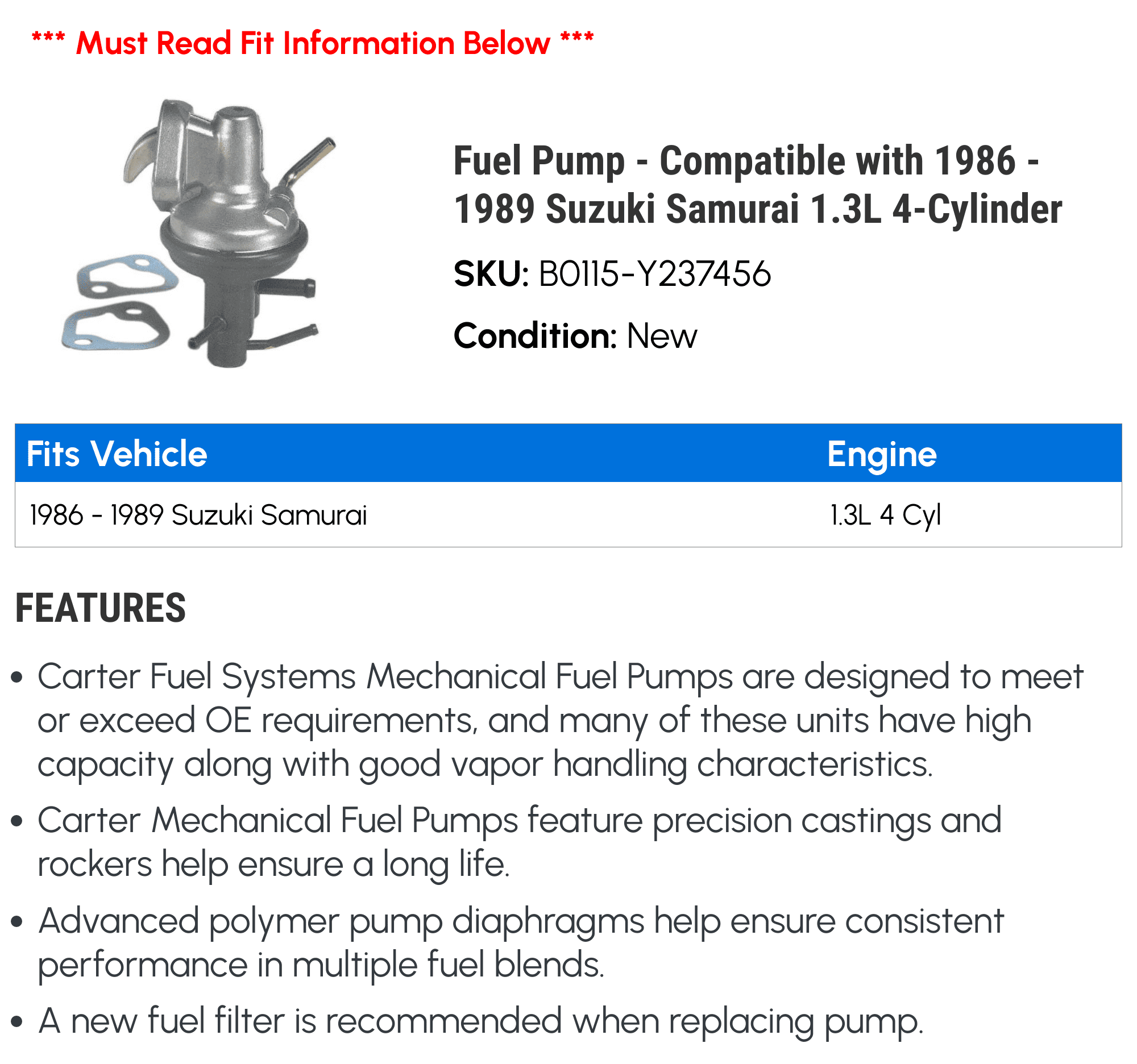 Suzuki Samurai OEM Replacement Fuel Pumps 19881998, 58 OFF