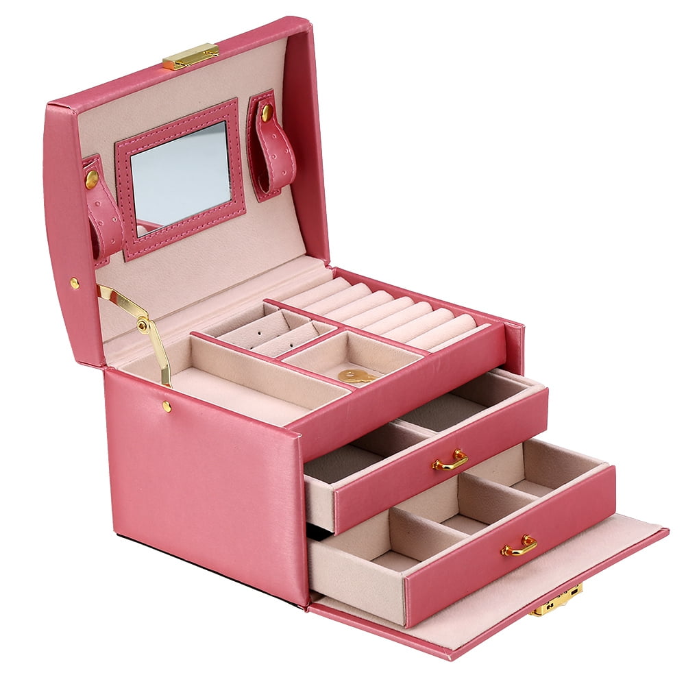 Leather Jewelry Box Organize Case 3-Layer Display Box Mirror Lock for Women Girl 