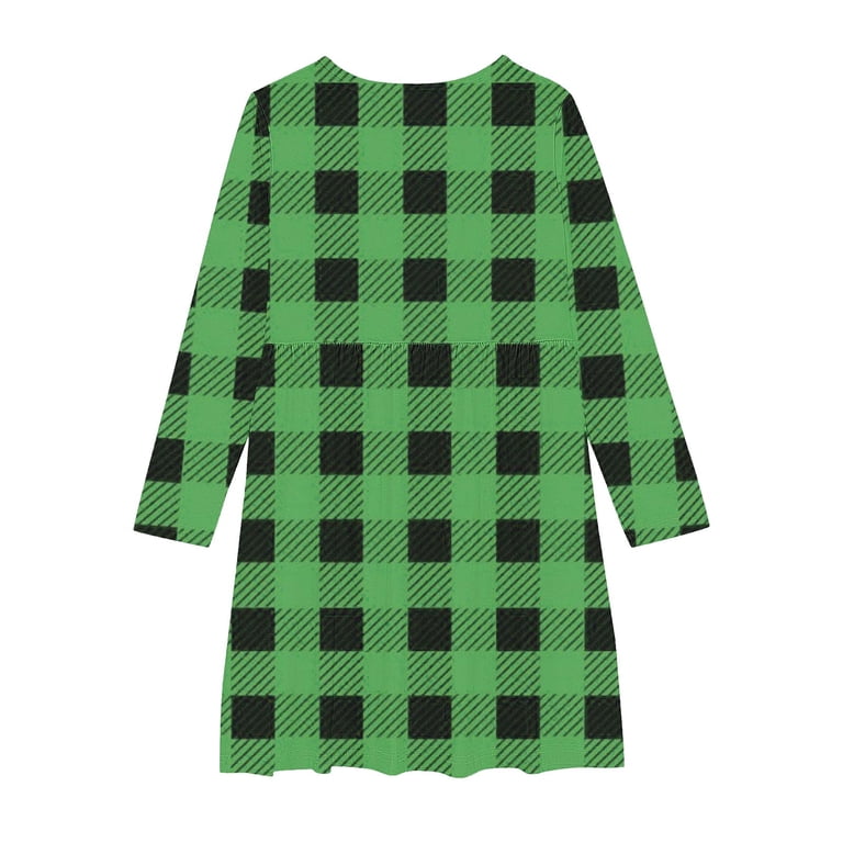 Odeerbi 4-14 Years Kids Girls Christmas Plaid A-Line Dress Spring Fall Long Sleeve Ballet Skater Dress Stretchy Twirly Skater School Recital Round