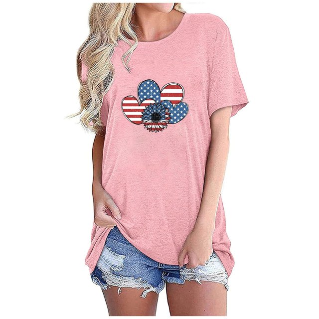 Tops Cortos para Mujeres Bandera de Moda Impresa Cuello Redondo, Camiseta de Manga 3/4 para Uso Diario, Casero Y Cómodo