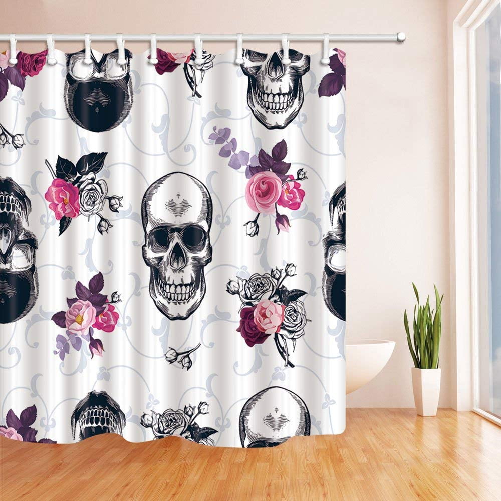 Wild Roses Shower Curtain 66x72 Inches, Skull Bathroom Decor