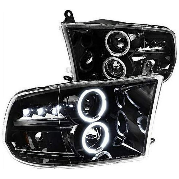 SMD LED Halo Projector Headlight In Jet Black Housing Clear Lens Made For And Compatible With 2009 - 2018 Dodge RAM 1500 2500 3500 09 10 11 12 13 14 15 16 17 18
