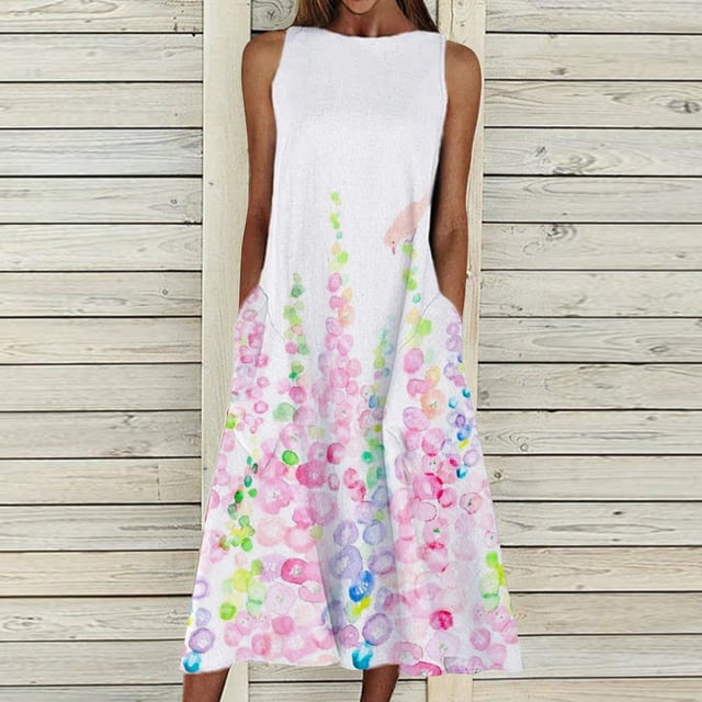 SMihono Robe Maxi Bohème d'Été pour Femmes Grande Taille Mode Décontractée Sans Manches avec Poches Longue Robe Imprimée Rétro Robe de Plage
