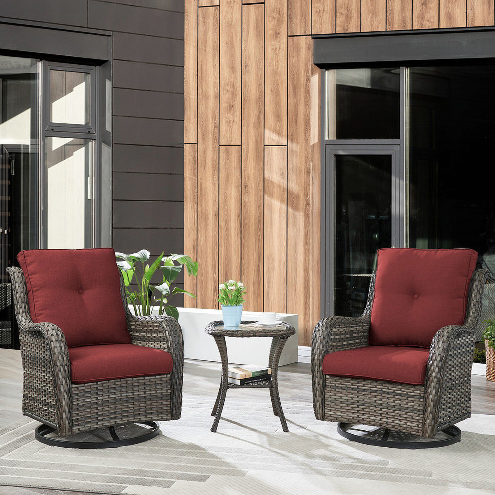 PARKWELL 3-Piece Outdoor Swivel Gliders with Thick Cushions and Side Table - Rattan Wicker Bistro Furniture Set - Gray Wicker and Red Cushion