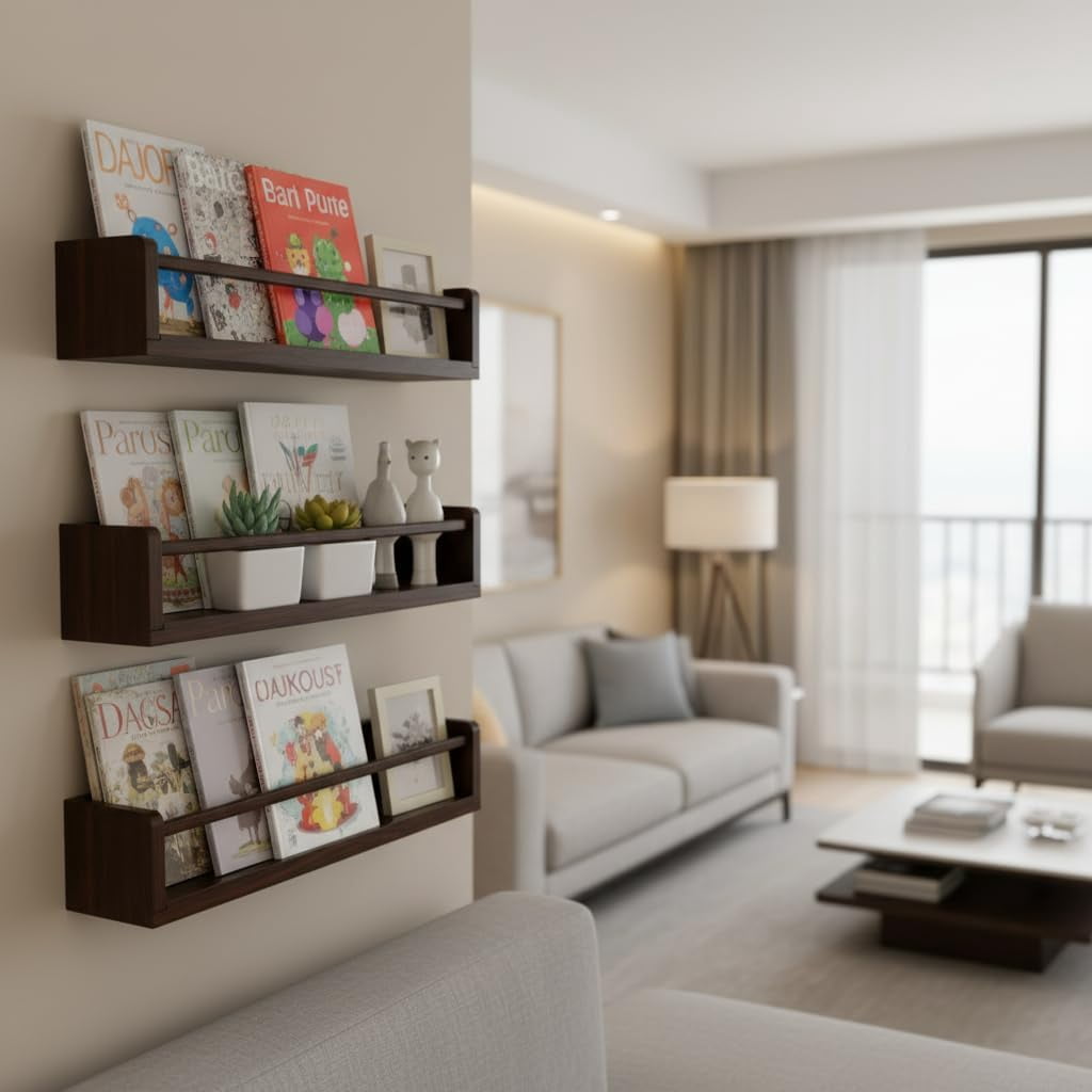 Deep Walnut Nursery Floating Shelves Set of 3– Wall Mounted Kids Bookshelf & Toy Organizer – 16 Inch Rustic Pine Hanging Display Book Shelves for Bedroom, Playroom, and Baby Decor