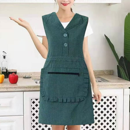

Sunsunrise Cooking Apron Sleeveless Oil-proof Zipper Pocket Western Style Lapel Plaid Pattern Cotton Apron Waistcoat Housework Workwear Daily Use