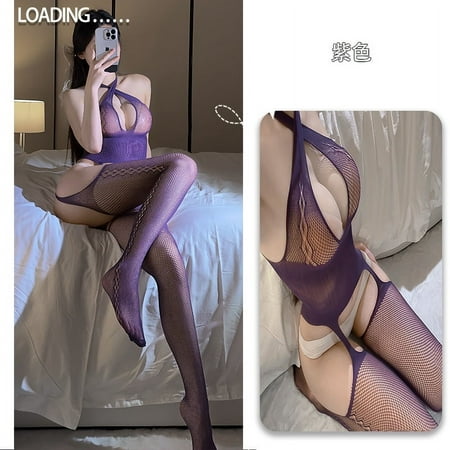 Generic Romantic Sexy Lingerie Seduction Sexy Purple Free Women s Bed plus Size Mesh Bodysuit Women s Open Crotch Stockings 8225