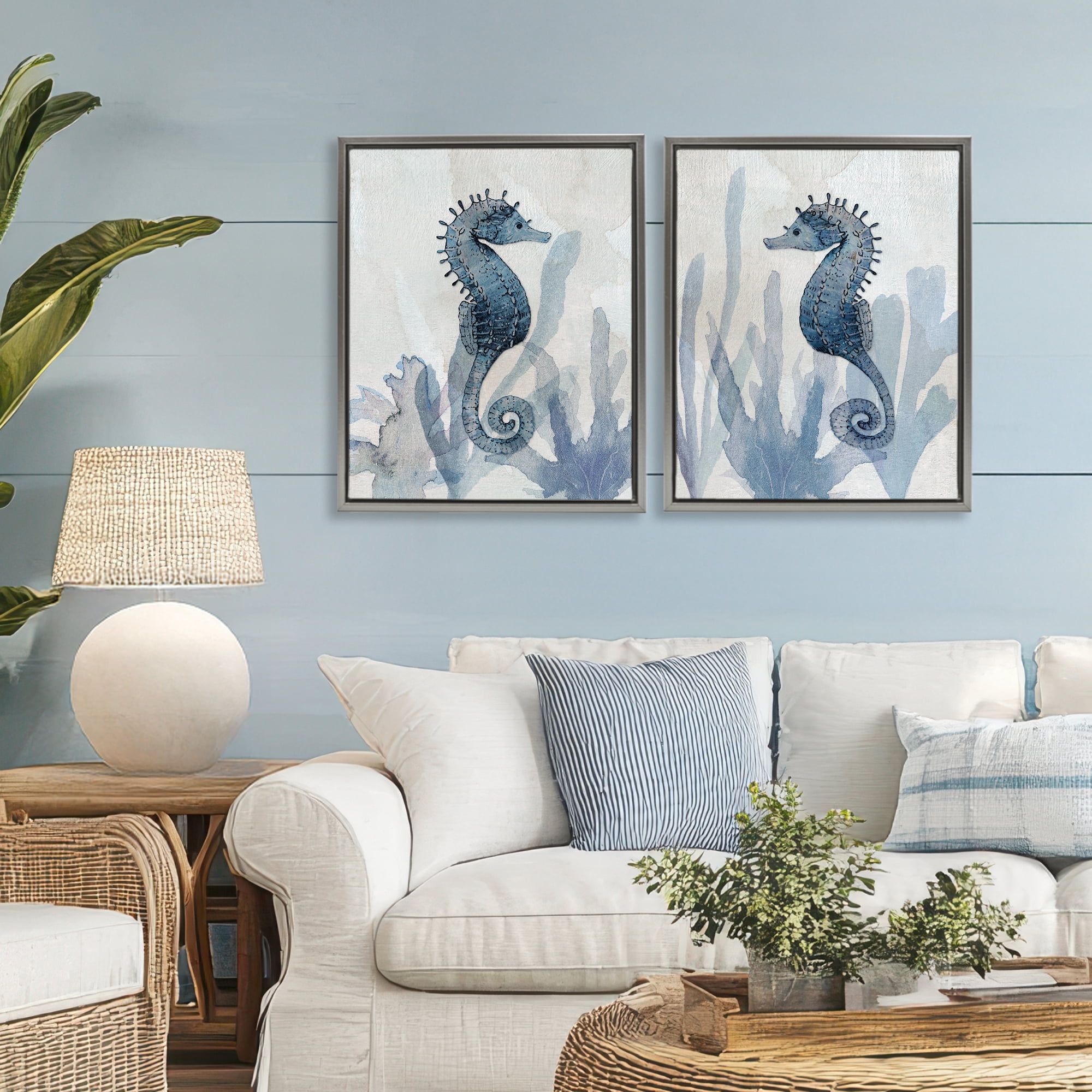 Stupell Industries Impressions of Seahorses 2 Piece Gray Framed Floater Canvas Set, design by Susan Jill