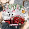 thumbnail image 2 of Valentine's Day Round Tablecloth, Fitted Table Cover with Elastic for 36"-44" Round Tables, Red Plaid Truck Roses Love Leaves Wood Table Cloth Outdoor Indoor Dinning Party Waterproof Tablecloths, 2 of 7