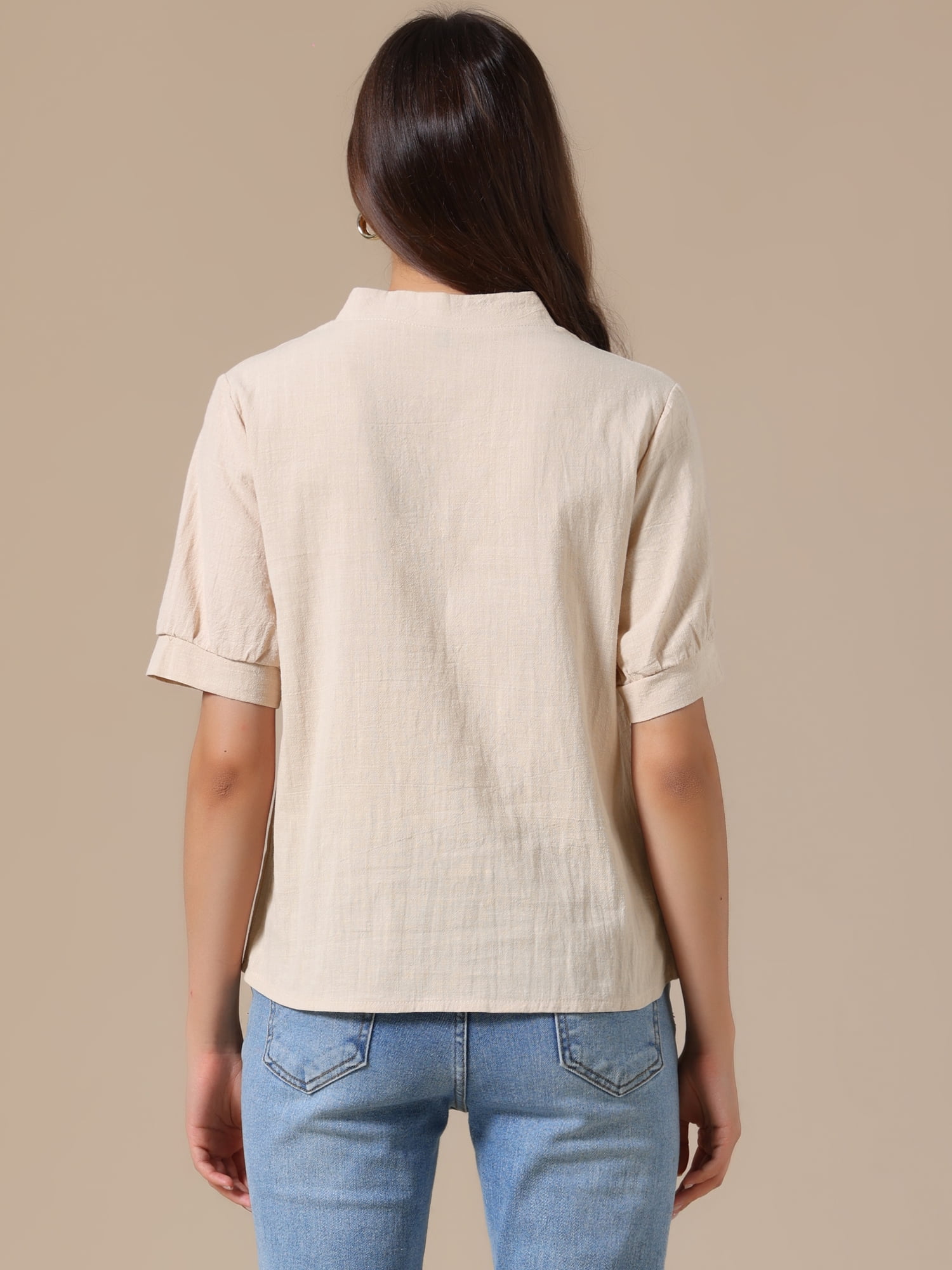 DARING DIVA Women's Cotton Floral V Neck Short Sleeve Embroidered Blouses Tunic M Beige