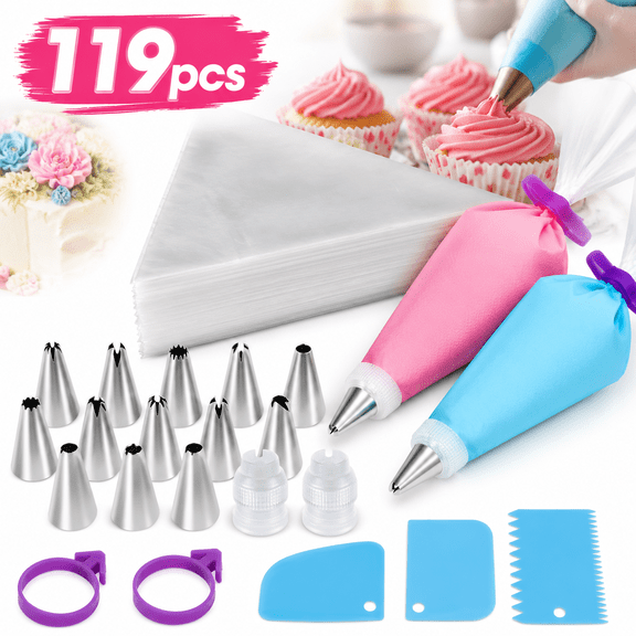 Piping Bags and Tips Set, 100Pcs 12 Inch Pastry Bags, Icing Bags Disposable for Cakes Decorating Kit Supplies with 1 Reusable Piping Bags, 1 Couplers, 12 Frosting Tips, 2 Bag Ties, 3 Cake Scraper