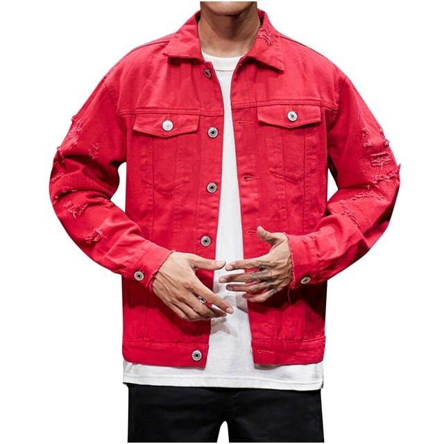 Red Hippie Medieval Western Ripped Renaissance Peasant Motorcycle Distressed Basic Steampunk for Mens Winter Fall Long Sleeve Denim Outerwear Man Button 2025 XXL