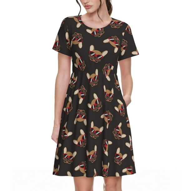 Fotbe Bulldog with Sunglasses Vestido Largo de Moda para Mujer, Vestido Tipo Camiseta con Manga Corta y Estilo Casual a Rayas y Bloques de Color