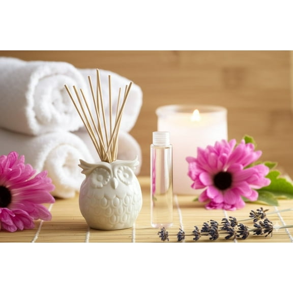 Hosley Aromatherapy Vanilla Diffuser Oil with Ceramic Owl Farmhouse Bottle & Reed Sticks - 110ml Ideal Gift for Home Decor, Bathroom Decor, Room Decor, Spa, Meditation, Weddings
