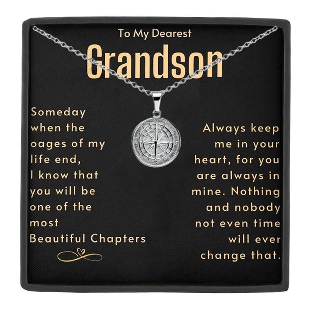 MASALADI Grandson Compass Necklace Gift - Message Card in a Box - Silver Pendant Jewelry for Birthdays, Graduation, or Special Thoughtful Keepsakes for Him from Grandparents