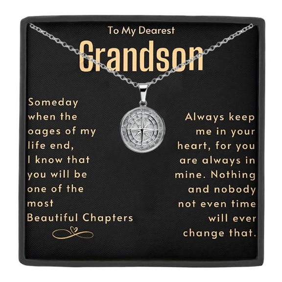 MASALADI Grandson Compass Necklace Gift - Message Card in a Box - Silver Pendant Jewelry for Birthdays, Graduation, or Special Thoughtful Keepsakes for Him from Grandparents
