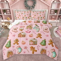Feelyou Pink Christmas Cartoon Full Size Comforter Sets for Kids, Cute Gingerbread Man Bedding Comforter Set, Magic Xmas Socks Reversible Bedding Sets, Breathable Home Decor, 3pcs