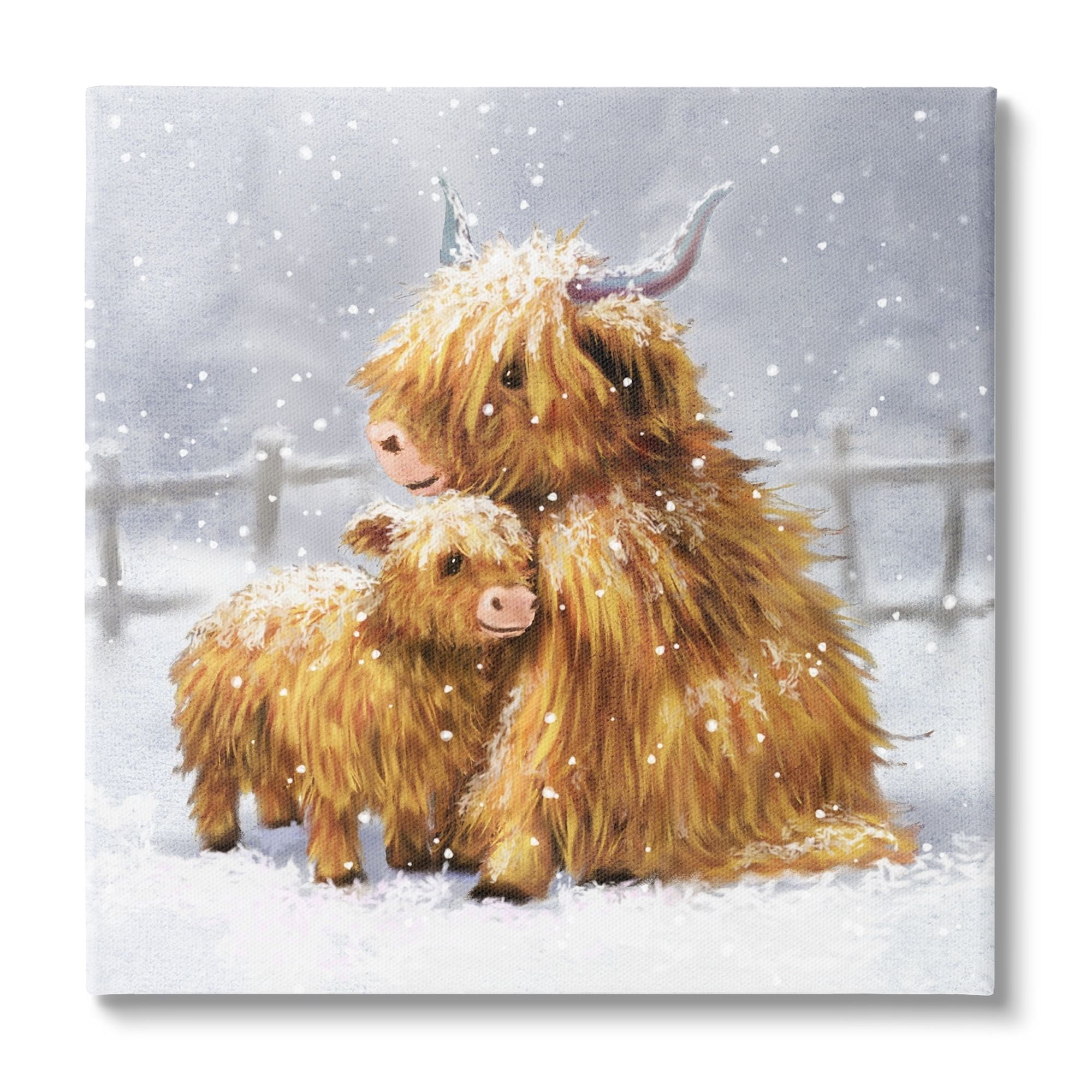 Stupell Industries Cattle Calf Snowy Farm Landscape Holiday Painting Gallery Wrapped Canvas Print Wall Art
