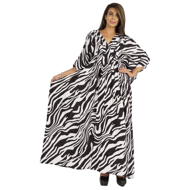 Moomaya Robe de Nuit Longue Maxi pour Femmes, Cache-Maillot Imprimé à Manches Kimono, Maxi Kaftan, Robe de Nuit, Vêtement de Nuit
