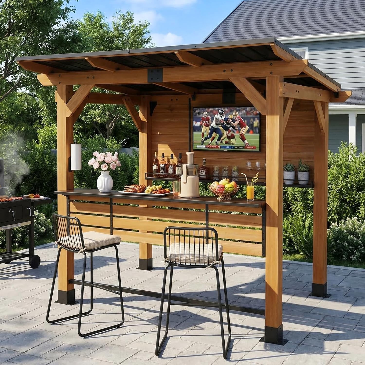 CHARMELEON 6 Ft. X 8 Ft. Cedar Wood Bar Gazebo With Countertop Shelves & TV Mount, Galvanized Steel Roof For Outdoor Patio, Backyard, Garden Grill Bar Station