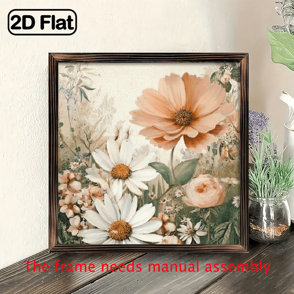 2D Flat 1pc Vintage Farmhouse Wood Wall Hanging - Rustic Framed Flower Sign with Wood, Grain Botanical Dcor for Bedroom, Kitchen, Bathroom - Cozy Housewarming Gift 8x8 Inch Suitable for Farmhouse,