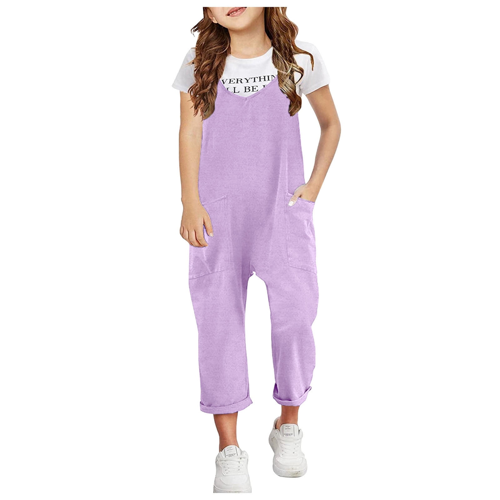 Combinaison Fille Sans Manches – Salopette Légère Bretelles Spaghetti, Pantalon Long Avec Poche, Coupe Loose, 1 Pièce