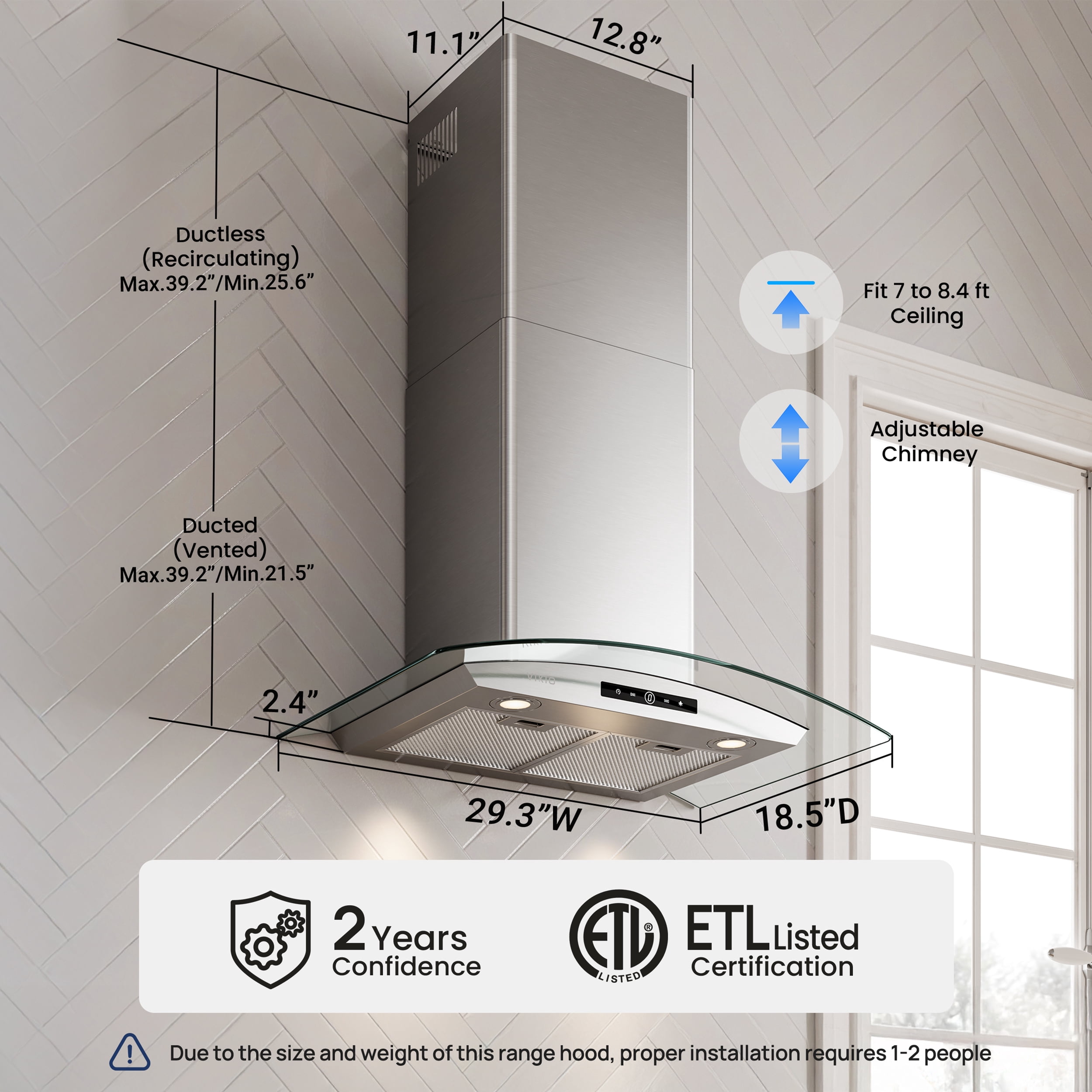 VIKIO 36 in. Wall Mount Range Hood in Stainless Steel and Curved Glass with 3-Speed Fan, Convertible Ducted and Ductless Installation, Touch Control, LED Lights and Carbon Filters Included