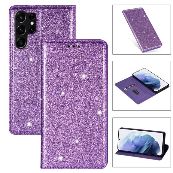 Allytech Galaxy S25 Ultra Wallet Case Bling Glitter Design, Slim PU Leather Cards Holder Flip Stand Cover for Girls Women Shockproof Wallet Case for Samsung Galaxy S25 Ultra - Purple