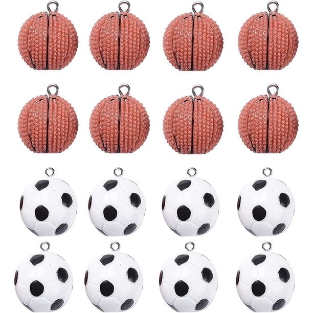 16 colgantes de resina con diseño de pelotas de baloncesto y fútbol en 3D para hombres y mujeres, para pendientes, pulseras, collares y bisutería.