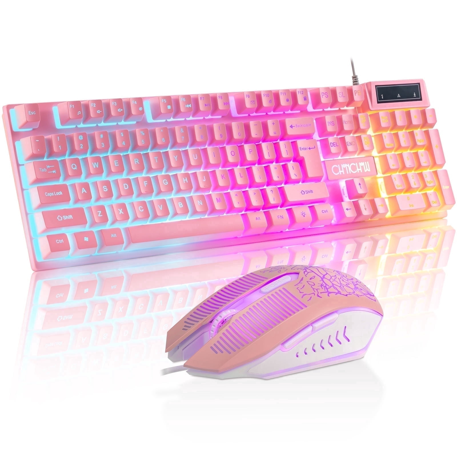 CHONCHOW Pink Wired Gaming Keyboard and Mouse Combo, 104-Key Full-Size RGB Backlit Set, 19-Key Anti-Ghosting, Multimedia Keys for PC Laptop PS4 Xbox