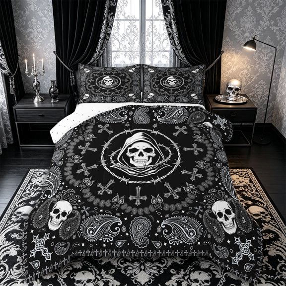 Castle Fairy Halloween Skull Full Size Comforter Sets 3-Piece,Hippie Paisley Cross Thorn Frame Pattern Bedding Comforter Set,Black Whites,1 Comforter and 2 Pillowcases,Reversible